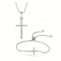 Minimalistische zilveren kruis ketting en verstelbare zirkonia armband sieradenset - Zilver