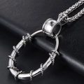 Silver stainless steel oval pendant necklace with thorn texture on black leather - Steel