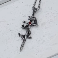 Retro dragon wrapped sword necklace with red gemstone and stainless steel box chain - Silver