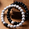 Handmade 8mm matte black lava and white turquoise stretch bead bracelet set for couples - Black & White