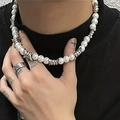 Punk style set featuring silver barbed wire metal link necklace with white pearls and ring - Burr Pearl Necklace
