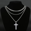 Triple-layered stainless steel necklace with Cuban chain and silver cross pendant - Silver