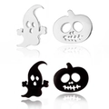 Halloween skull ghost and pumpkin stud earrings set in silver and black stainless steel - Ghost and Jack-o'-lantern Design (Style 2)