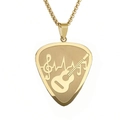 Golden guitar pick necklace with engraved music symbols and heartbeat line - Gold