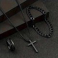 Close-up of matte black stainless steel cross necklace, cuban bracelet and chain ring set - Black