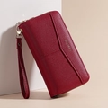 Dunkelrote lange Brieftasche mit Litschimuster, Doppelreißverschluss und Handschlaufe - Rot