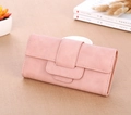 Pink minimalist long wallet for women with matte litchi texture and buckle closure - Pink