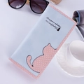 Long women's wallet featuring cute cat patch and blue pink polka dot design in 45-degree view - Long / Light Blue