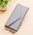 Gray long leather envelope wallet for women featuring a heart pendant and stylish tassel - Light Gray