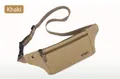 Close-up of khaki canvas running waist bag with SPORT text and adjustable strap - Khaki