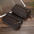 Detail of dark brown pebble leather waist bags with orange stitching and dual zippers - Single Layer 6.3 Inch Coffee