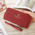 Maroon lychee texture long wallet with gold deer head detail and detachable wrist strap - Wine Red