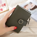 Close-up of olive green PU leather wallet featuring a gold ring clasp and side zipper detail - Dark Green
