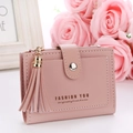 Damen Kurzgeldbörse in Rosa mit Quastenanhänger und Druckknopf auf Blumenhintergrund - Hellrosa