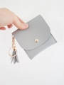 Minimalist light grey pebble leather mini coin purse with gold clasp and fringe tassel - Gray