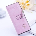 Elegante cartera larga malva mate para mujer con amuleto de paraguas y borla decorativa - Rosa Claro