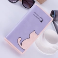 Women's lavender long wallet with cute cat embroidery and pink polka dot patterns - Long / Purple