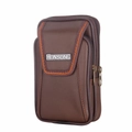 Vertical dark brown leather men's belt pouch with double zippers and woven trim detail - Brown
