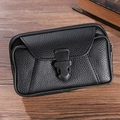 Marsupio da cintura in pelle nera con tasche a zip multistrato su sfondo in legno scuro - 6.5 Pollici Orizzontale Nero