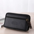 Herren-Leder-Gürteltasche in Schwarz mit Doppel-Reißverschluss und weißen Kontrastnähten - Schwarz