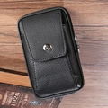 Men's black lychee pattern leather belt pouch with magnetic flap and zipper closure - Vertical 6.5 Inch Black