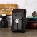 Detail of vintage dark brown leather belt pouch with metal buckle and litchi texture - 17.5cm / Vertical Black Leather