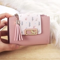Pink short bifold wallet with leaf print, tassel pendant, and golden leaf metal buckle - Light Pink