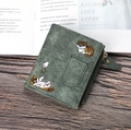 Detailed cat embroidery on dark green denim style wallet with leaf zipper and card slot - Dark Green