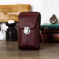 Detailed view of wine red leather waist bag with lychee texture and silver metal buckle - 17.5cm / Vertical Wine Red Leather