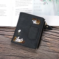 Denim style black canvas wallet with cute orange cat embroidery and gold zipper closure - Black