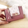 Pink short bifold wallet with leaf pattern, tassel pendant, and stylish gold hardware - Deep Pink