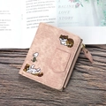 Pink denim style canvas wallet with cat embroidery and a leaf-shaped zipper pull - Light Pink
