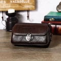 Detail of dark brown litchi grain leather waist bag with silver metal buckle and zippers - Horizontal Buckle Leather