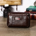 Deep brown litchi texture leather men's belt pouch with sport logo on a wooden desk - Horizontal Letter Leather