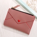 Dusty rose PU leather small card holder wallet with red heart buckle and zipper closure - Deep Pink