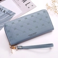Fog blue long wallet for women with crown quilted embroidery and wristlet strap - Blue