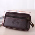 Herren Bauchtasche aus dunkelbraunem Leder mit Litschi-Muster, Doppelreißverschluss, 17,5x12 cm - 6.5 Zoll Kaffee