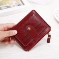 Slim burgundy oil wax leather wallet with multiple card slots and zipper coin pocket - Red