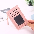 Pink slim PU leather card holder wallet with multiple slots and clear ID window for women - Pink