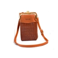 Detail of brown faux leather phone bag featuring crocodile pattern and gold metal clasp - Vertical Coffee