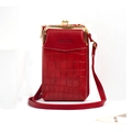 Detail of burgundy stone textured leather phone bag with gold clasp and logo printing - Vertical Red
