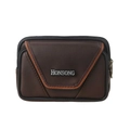 Détail de la sacoche de ceinture marron à motif litchi avec double zip et logo en métal - Brun