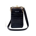 Detail of black crocodile texture phone bag with gold metal clasp and zipper closure - Vertical Black