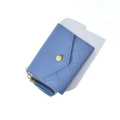 Detail of blue quilted wallet with yellow snap closure and decorative long tassel pendant - Blue