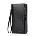 Men's black litchi pattern leather long wallet with wrist strap and card slots - Black