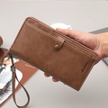 Brown leather long wallet for men with textured finish and secure wristlet strap - Khaki