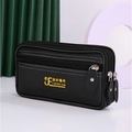 Herren Bauchtasche aus schwarzem Kunstleder mit drei Reißverschlüssen und Kontrastnähten - 6-Zoll Schwarz 16cm