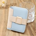 Short women's faux leather zipper wallet with light blue and beige color block design - Blue
