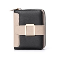 Minimalist short women's wallet in black and beige pebbled leather with gold buckle - Black