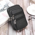 Pochette de ceinture en cuir noir avec trois fermetures éclair et grain litchi - Vertical / Noir
